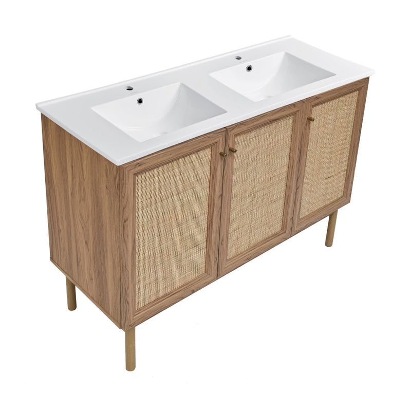 Classe 48 in. Brown Oak, Double Basin Bathroom Vanity With White Ceramic Sink Top