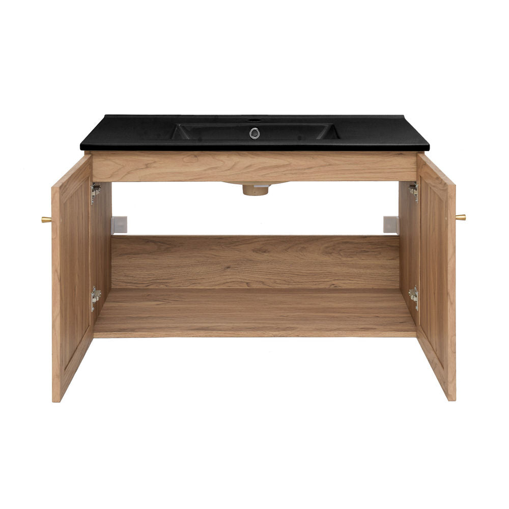 Classe 36 in. Brown Oak Wall Hung Bathroom Vanity With Black Ceramic Sink Top