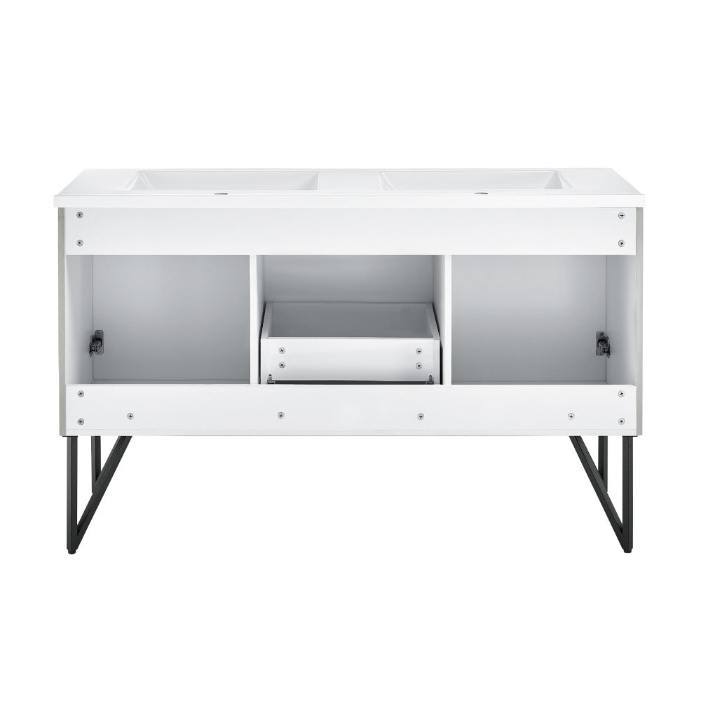 60-inch freestanding gray bathroom vanity with double sink, open storage, and metal legs.