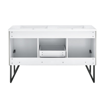60-inch freestanding gray bathroom vanity with double sink, open storage, and metal legs.