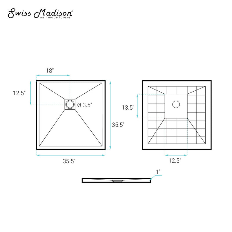 Terre P Series 36" x 36" Reversible Drain Shower Base
