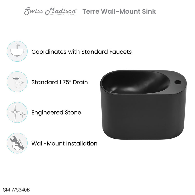 Terre 17.5" Right Side Faucet Wall-Mount Bathroom Sink in Black