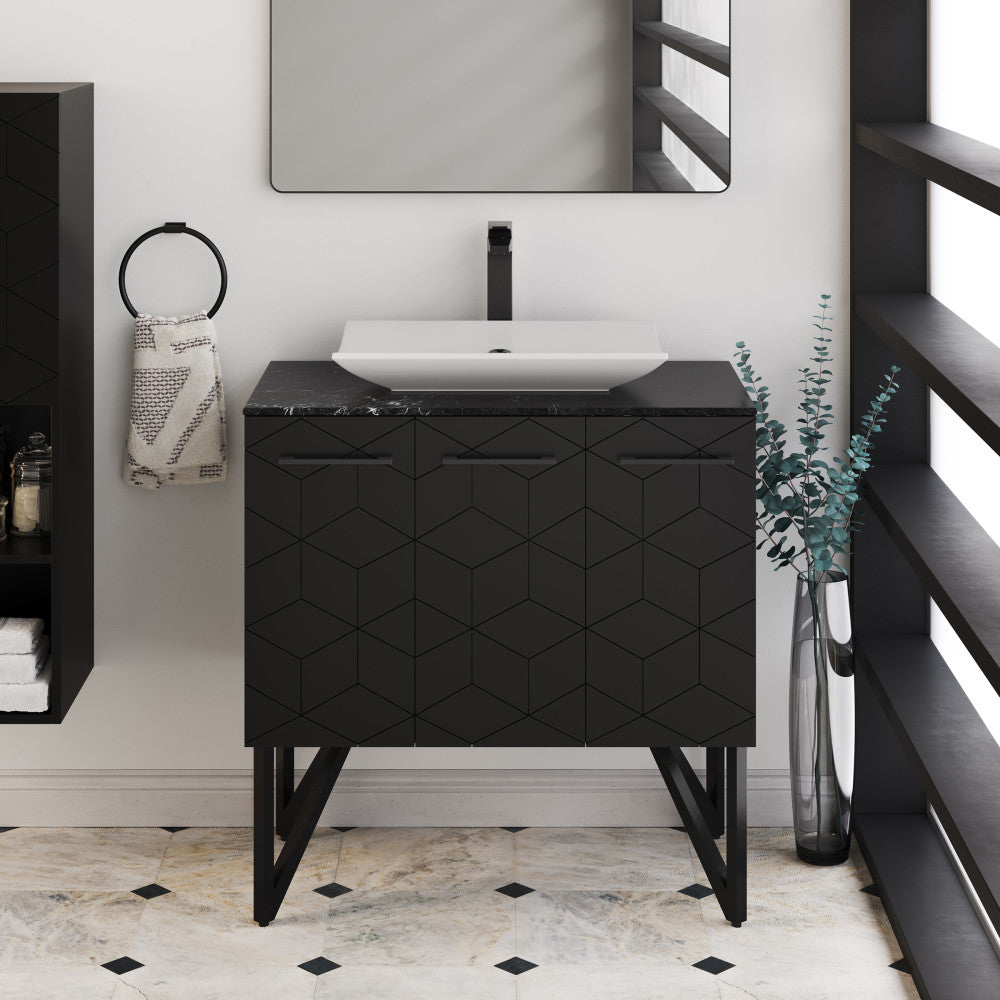 Rectangle white ceramic vessel bathroom sink on black geometric vanity with black faucet.
