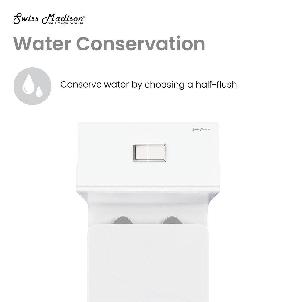 Elongated one-piece toilet in matte white, dual flush with compact square design.