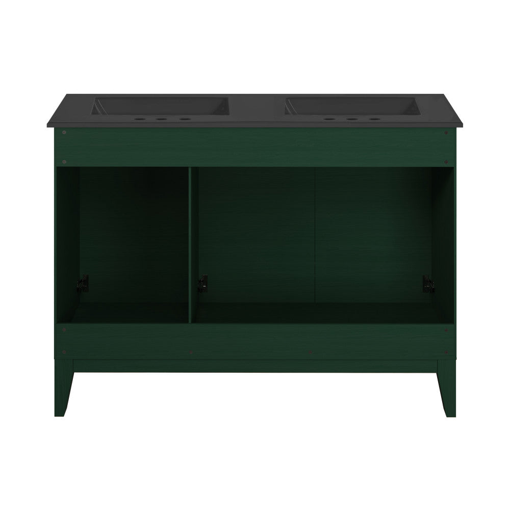 Cascade 48" Freestanding Bathroom Vanity in Green Oak with Black 3-Hole Centerset Double Basin Sink Top