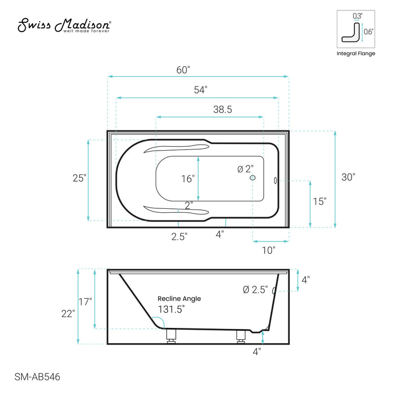 Ivy 60" x 30" Right-Hand Drain Alcove Bathtub with Apron