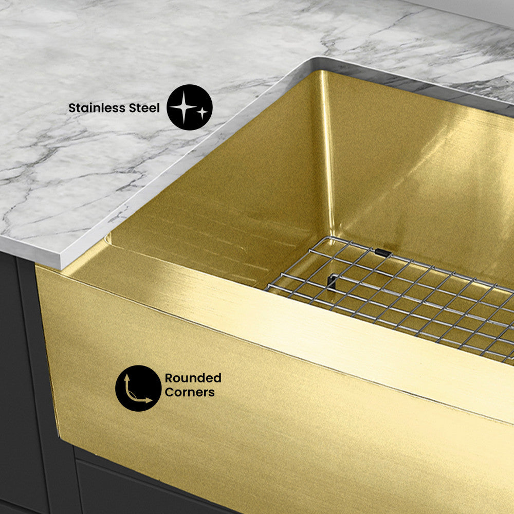Rivage 33 x 21 Stainless Steel, Single Basin, Farmhouse Kitchen Sink with Apron in Gold