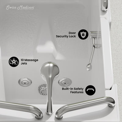 Auvergne 53" x 27" ADA Left Drain Walk-in Soaking Bathtub with Massage Jets in Glossy White, Faucet Set, Drain, Grab Bars, Pillow Included