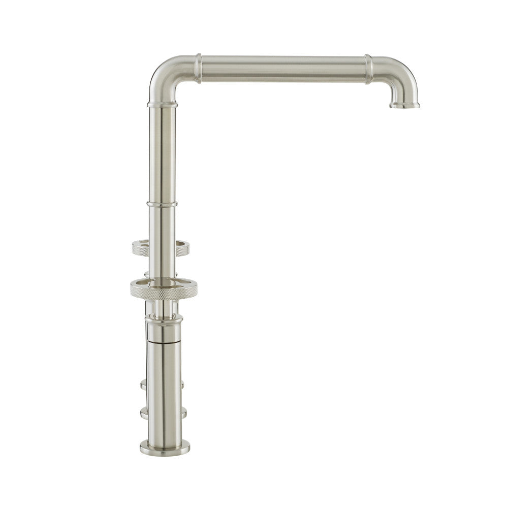 Widespread kitchen faucet with side sprayer in brushed nickel finish, modern angular design.