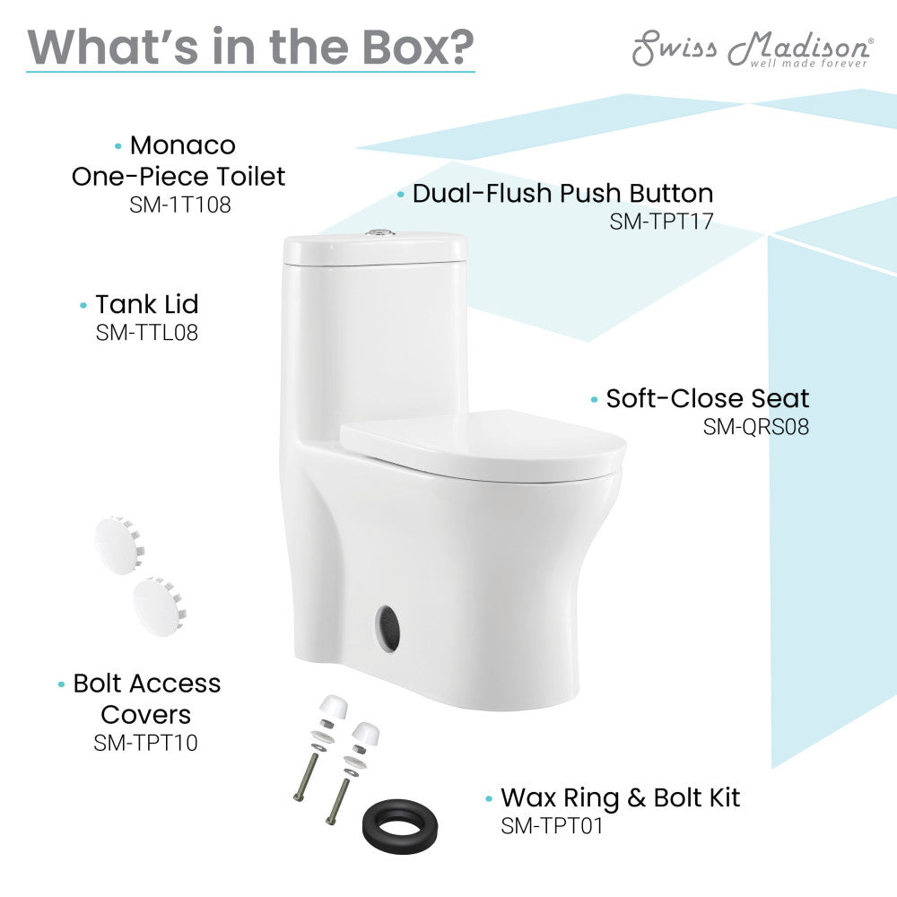 Elongated one-piece toilet with dual-flush push button and soft-close seat in white porcelain.