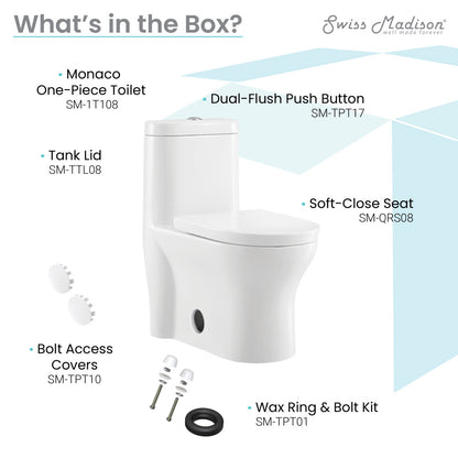 Elongated one-piece toilet with dual-flush push button and soft-close seat in white porcelain.