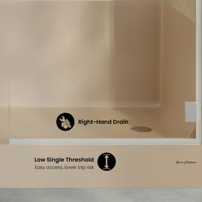 Aquatique 60" x 32" Single Threshold Shower Base With Right Hand Drain and Integral Left Hand Seat in Biscuit