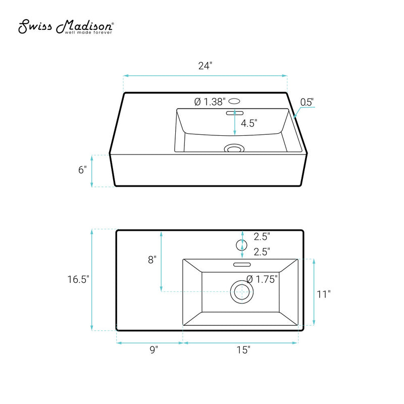 St. Tropez 24 x 18 Ceramic Wall Hung Sink with Right Side Mount, Matte Black