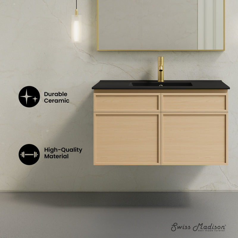 St. Tropez 36" Wall-Mounted Bathroom Vanity in Natural Oak with Black Sink Top