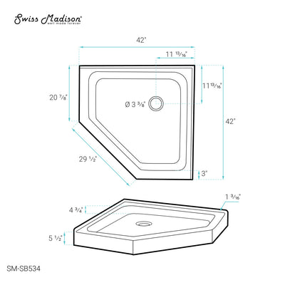 Voltaire 42" x 42" Acrylic White, Single-Threshold, Center Drain, Neo-angle Shower Base