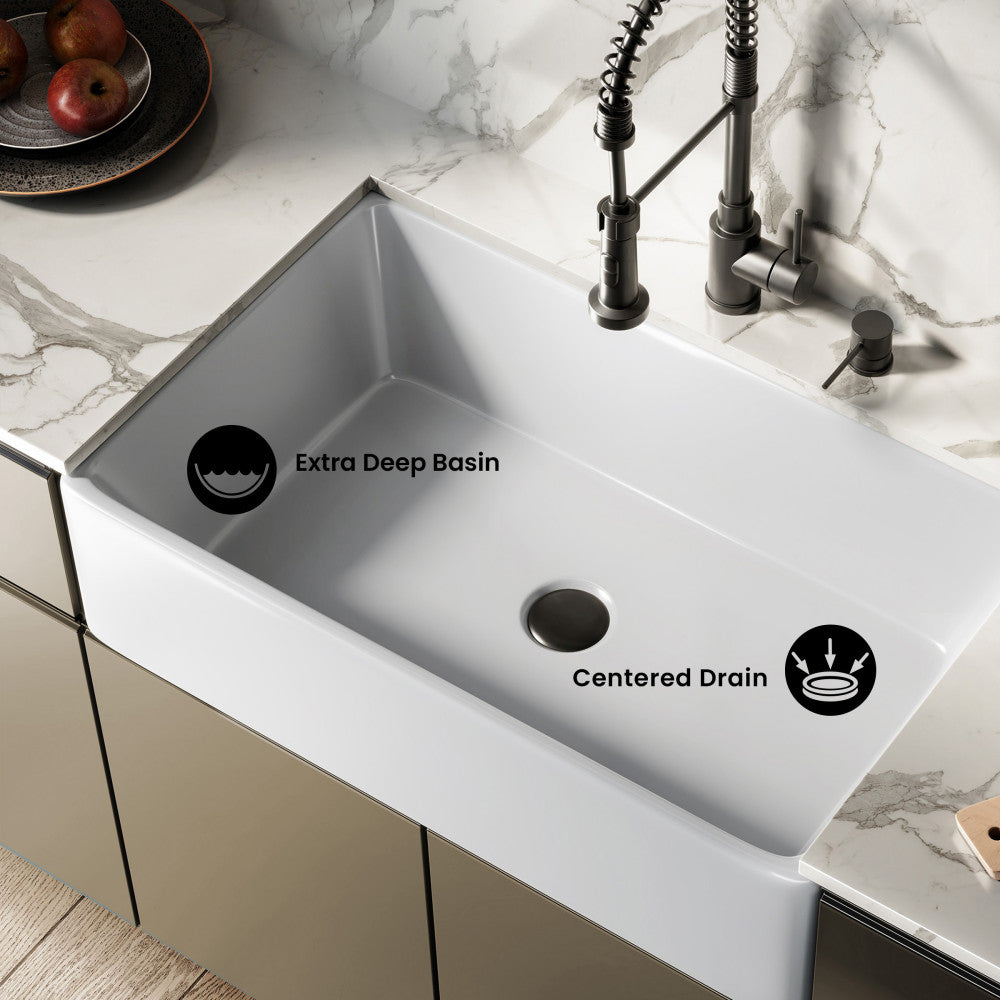Elegance 33" x 20" Single Basin Fireclay Farmhouse Kitchen Sink in Glossy White