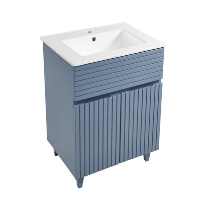 24-inch freestanding blue heather bathroom vanity with single white sink top and textured front panels.