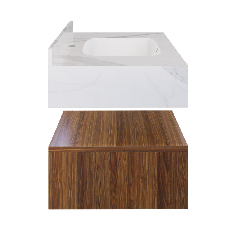 Avancer 36" Wall-Mounted Bathroom Vanity in Brown Oak with White Marble Sink Top