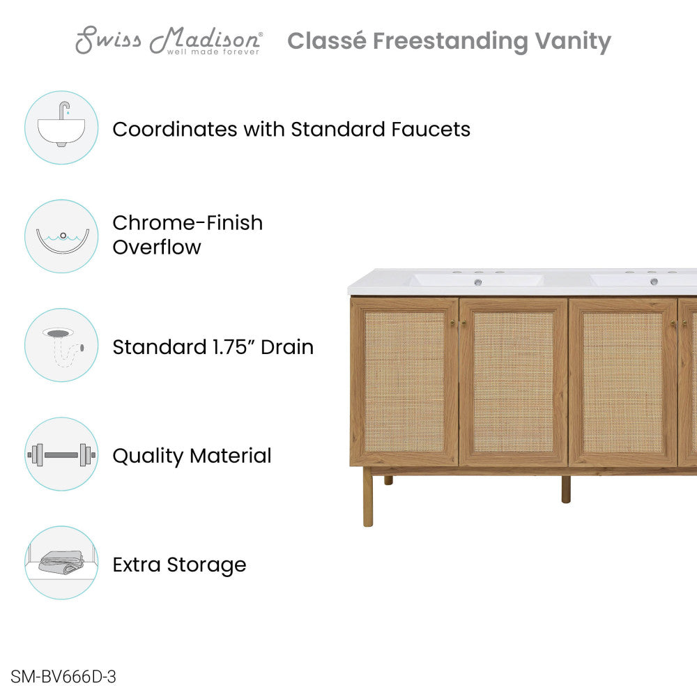 Classe 60" Freestanding Bathroom Vanity in Golden Oak with 3-Hole Widespread Double Basin Sink Top