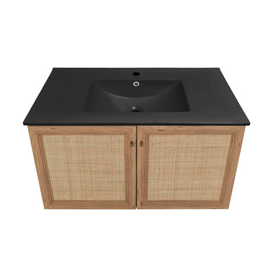 Classe 36 in. Brown Oak Wall Hung Bathroom Vanity With Black Ceramic Sink Top