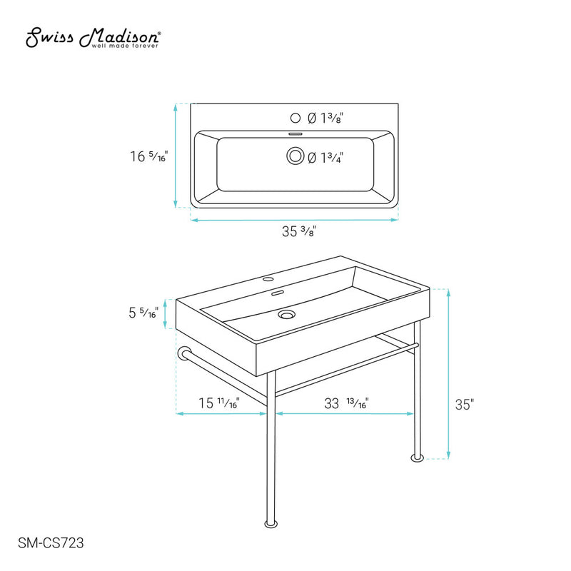 Carre 36 Ceramic Console Sink White Basin Gold Legs