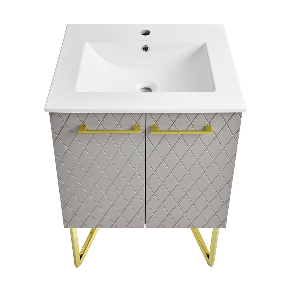 24-inch freestanding bathroom vanity in diamond gray, single sink, soft-close doors, gold handles and legs.