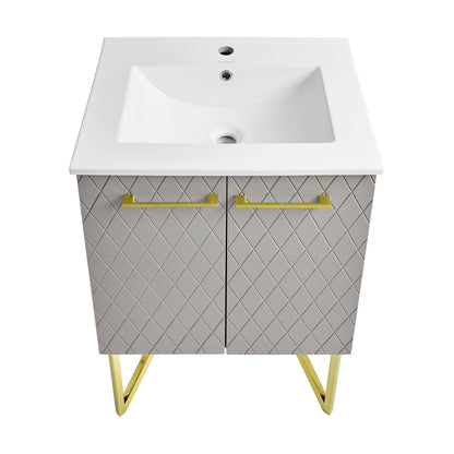 24-inch freestanding bathroom vanity in diamond gray, single sink, soft-close doors, gold handles and legs.