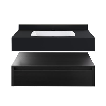 Avancer 36" Wall-Mounted Bathroom Vanity in Black Oak with Black Marble Sink Top