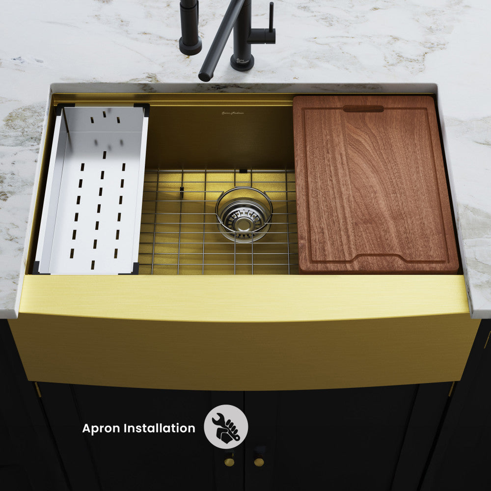 Tourner 33 x 22 Stainless Steel, Single Basin, Farmhouse Kitchen Workstation Sink with Apron in Gold