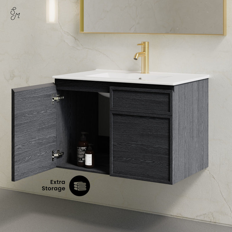 St. Tropez 30" Wall-Mounted Bathroom Vanity in Black Oak with Sink Top