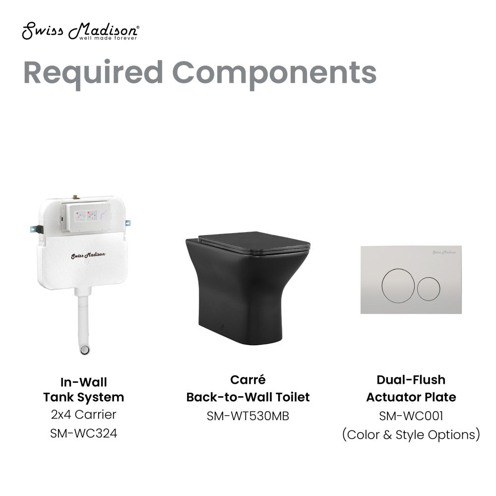 Elongated back-to-wall toilet bowl in matte black with dual-flush actuator plate and in-wall tank system.