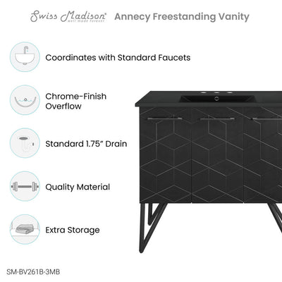 Annecy 36 in. Phantom Black Bathroom Vanity With Black, 3-Hole Ceramic Sink Top