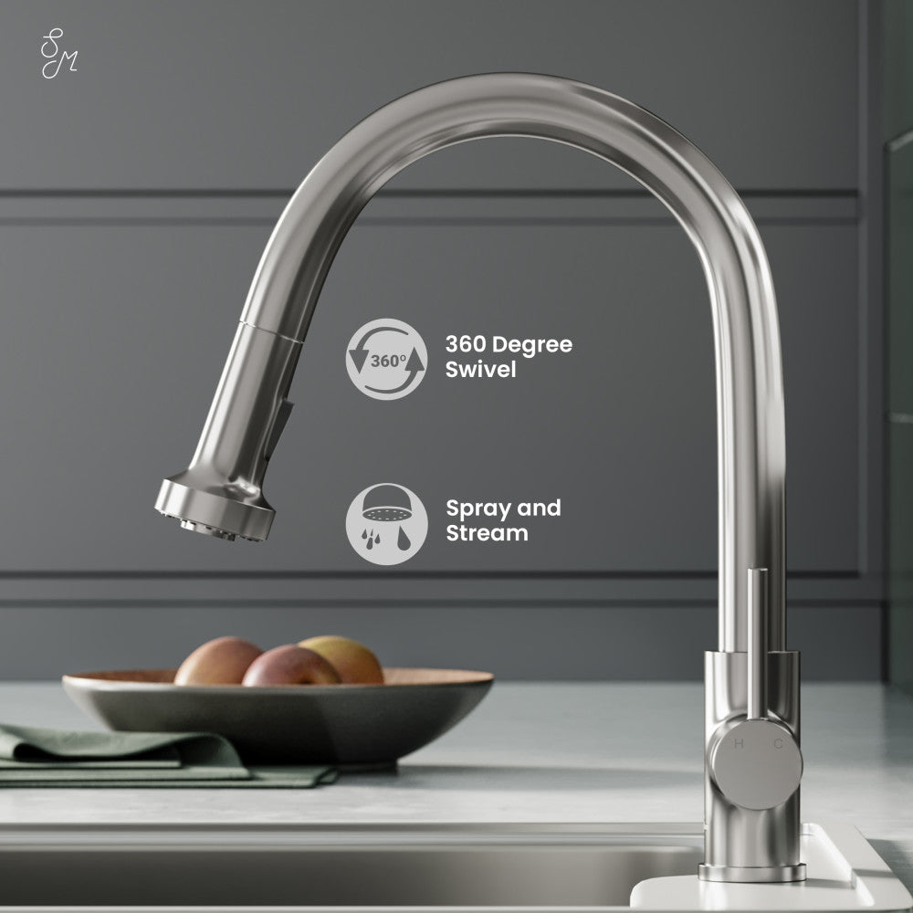 Single handle pull-down kitchen faucet in brushed nickel with high-arc spout and swivel function.