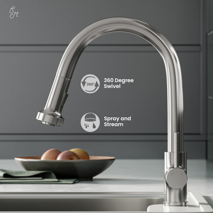Single handle pull-down kitchen faucet in brushed nickel with high-arc spout and swivel function.