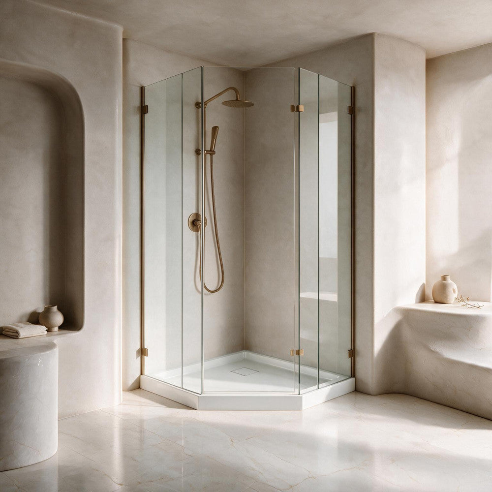 Marquette 38" x 38" Neo-Angle Double-Threshold Shower Pan Base with Center Drain in Glossy White