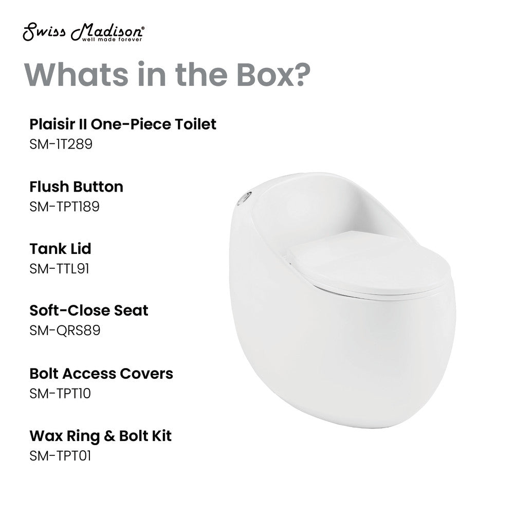 Round one-piece toilet with top flush and soft-close seat, 1.28 gallons per flush.