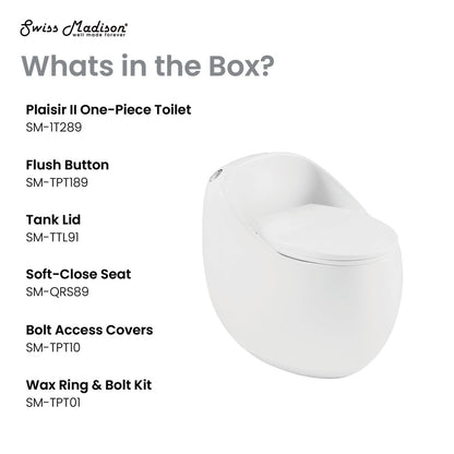 Round one-piece toilet with top flush and soft-close seat, 1.28 gallons per flush.