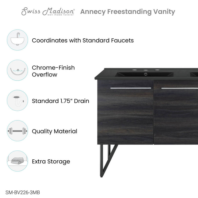 Annecy 60 in. Black Walnut, Double Basin Bathroom Vanity With Black, 3-Hole Artificial Stone Sink Top