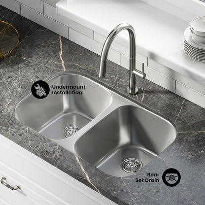 Toulouse 32 x 19 Low Divide Stainless Steel, Dual Basin, Under-Mount Kitchen Sink