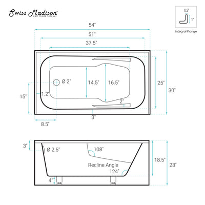 Voltaire 54 x 30 Skirted Left Drain Soaking Alcove Bathtub in Glossy Black with Integrated Armrest