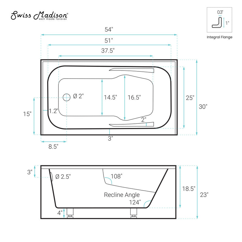 Voltaire 54 x 30 Skirted Left Drain Soaking Alcove Bathtub in Glossy Black with Integrated Armrest