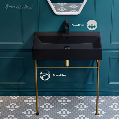 Claire 30 Ceramic Console Sink Matte Black Basin Brushed Gold Legs