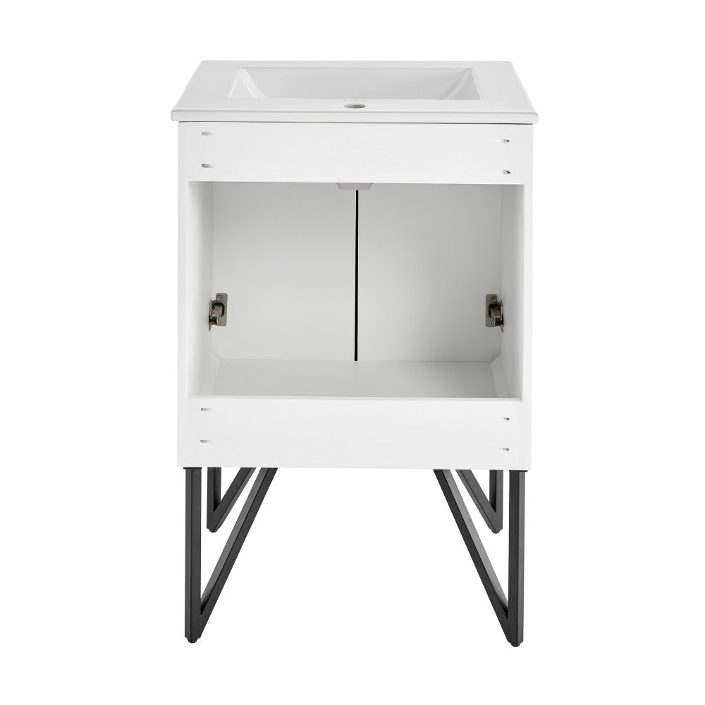 24-inch freestanding bathroom vanity in Mondrian White with single sink and black metal legs.