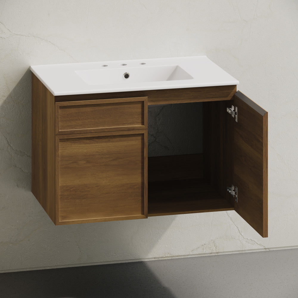 St. Tropez 30" Wall-Mounted Bathroom Vanity in Brown Oak with 3-Hole Widespread Sink Top