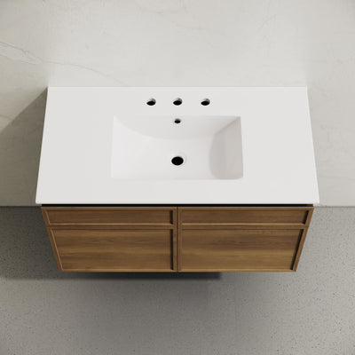 St. Tropez 36" Wall-Mounted Bathroom Vanity in Brown Oak with 3-Hole Widespread Sink Top