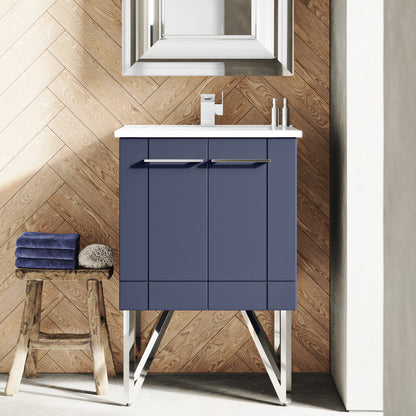 24-inch freestanding purple bathroom vanity with single sink and chrome legs.