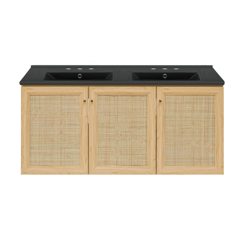 Classe 48" Wall-Mounted Bathroom Vanity in Natural Oak with Black 3-Hole Widespread Double Basin Sink Top
