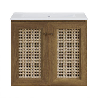 Classe 24" Wall-Mounted Bathroom Vanity in Brown Oak with Centerset Faucet Holes Vanity Top