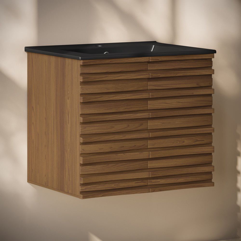 Cascade 24" Wall-Mounted Bathroom Vanity in Brown Oak with Black Sink Top