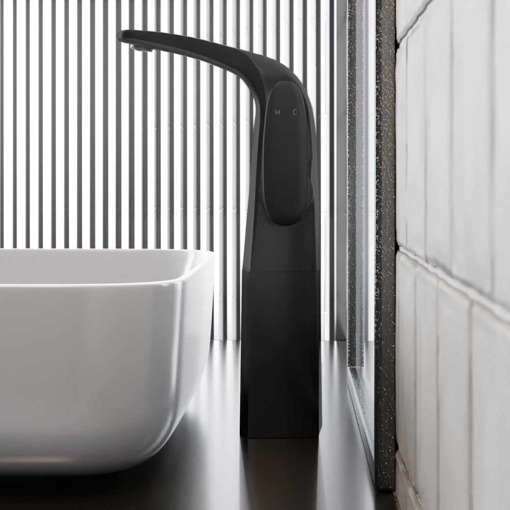 Single-handle high arc bathroom faucet in matte black, single-hole mount.